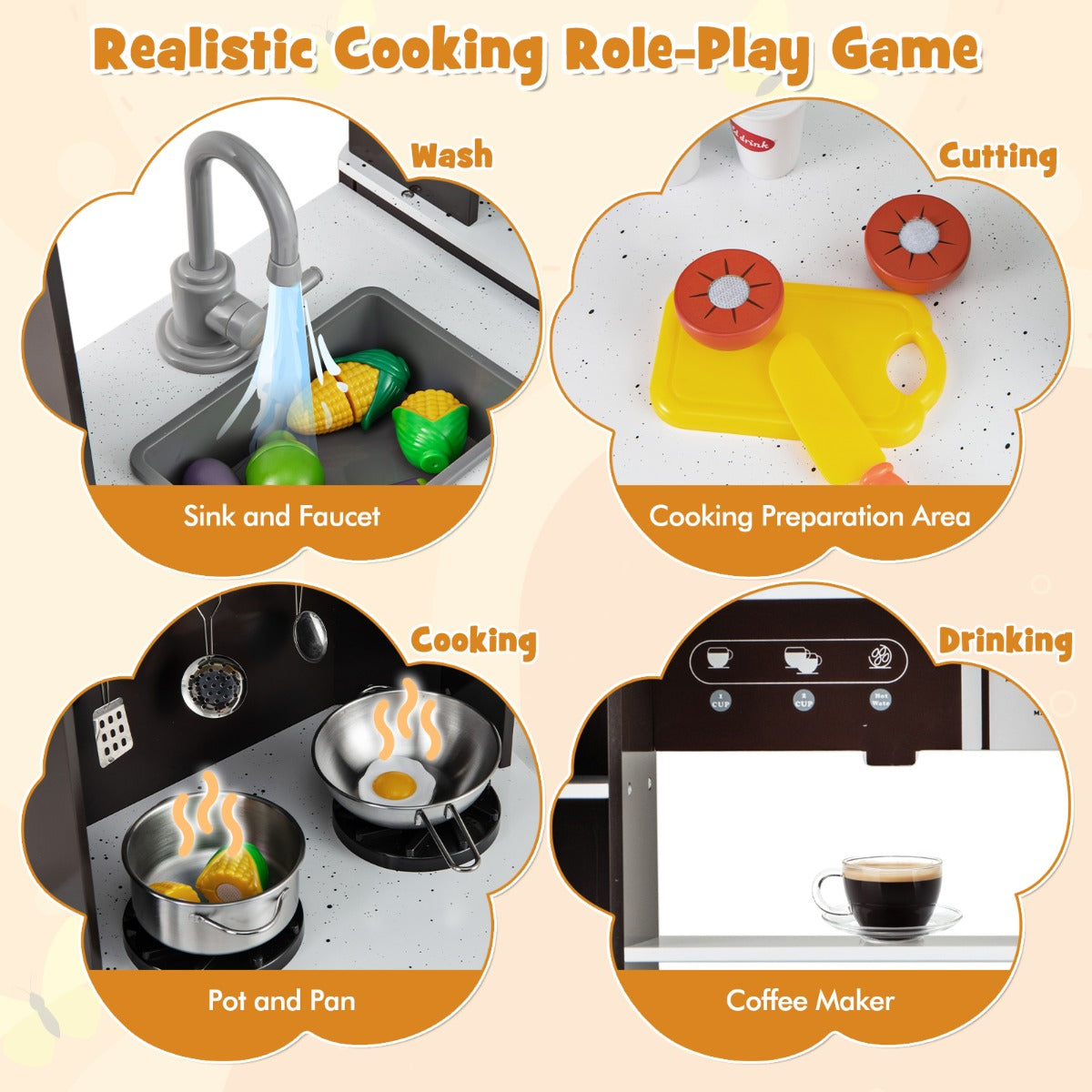 Wooden Pretend Play Kitchen with Real Sounds and Lights-Brown