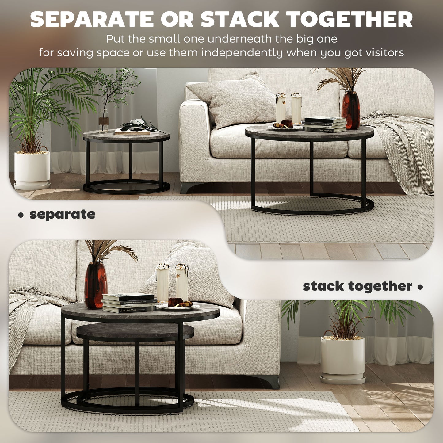 HOMCOM Industrial Nesting Coffee Table Set of 2, Round Coffee Tables, Living Room Table with Faux Marbled Top and Steel Frame