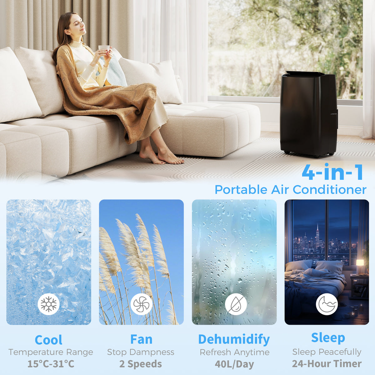 HOMCOM Portable Air Conditioner 14000 BTU, 4-in-1 Air Conditioning Unit, Dehumidifier, Cooling, Fan, Child Lock, 40m²