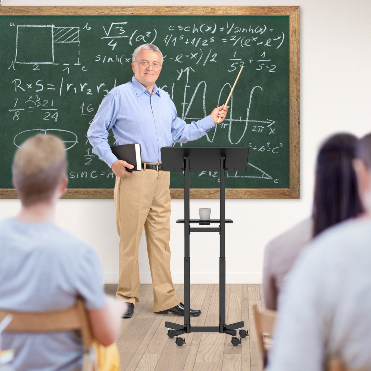 Mobile Lectern Podium Height-adjustable Rolling Laptop Cart with Tilting Top Storage Tray-Black