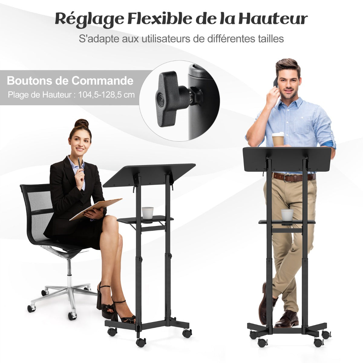 Mobile Lectern Podium Height-adjustable Rolling Laptop Cart with Tilting Top Storage Tray-Black