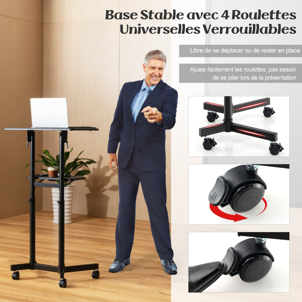 Mobile Lectern Podium Height-adjustable Rolling Laptop Cart with Tilting Top Storage Tray-Black