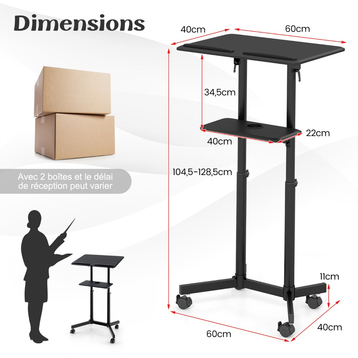 Mobile Lectern Podium Height-adjustable Rolling Laptop Cart with Tilting Top Storage Tray-Black