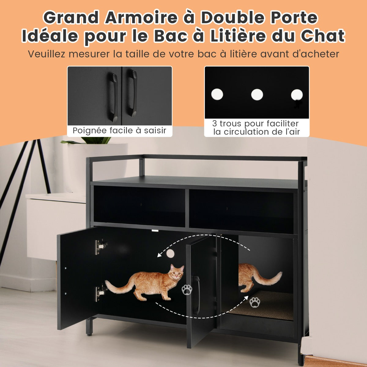 Wooden Cat Litter Box Enclosure with Compartment and Scratching Board-Black