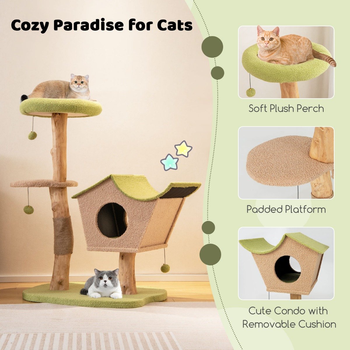 Cute Cat Activity Center with Padded Top Perch and Dangling Bell Balls for Indoor Cats-Green