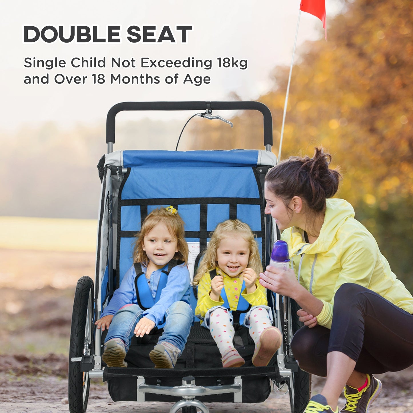 HOMCOM 2 Seat Bike Trailer with 5 Point Harness, Baby Bike Stroller with Safety Flag, Reflectors, for 18+ Months, Blue