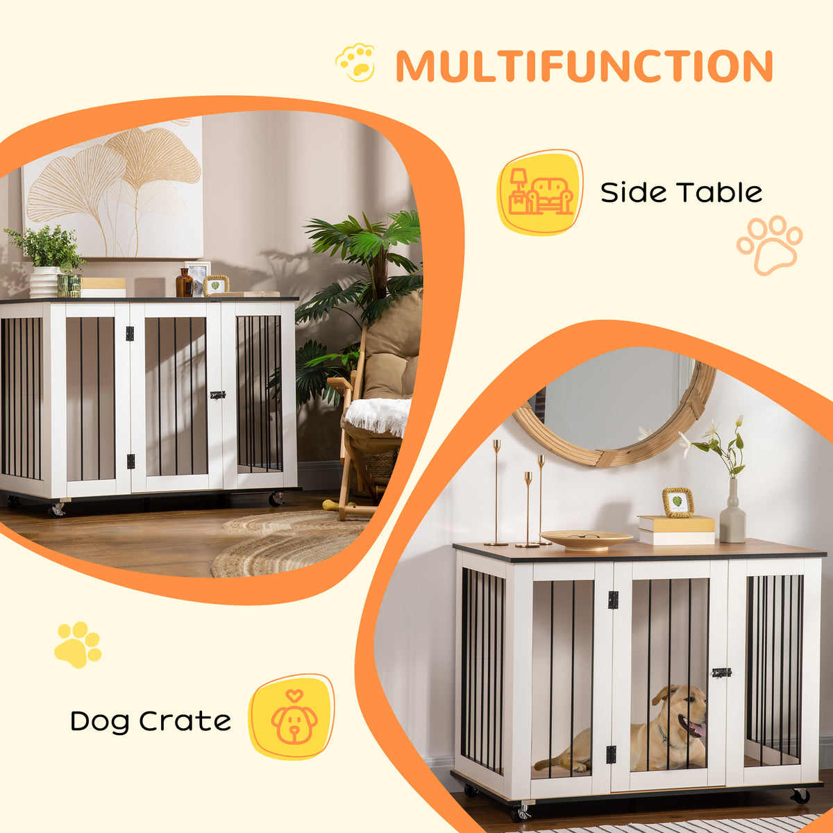 PawHut Dog Crate Furniture, Dog Cage End Table, with Wheels, for Large Dogs, 106 x 60 x 82 cm - White
