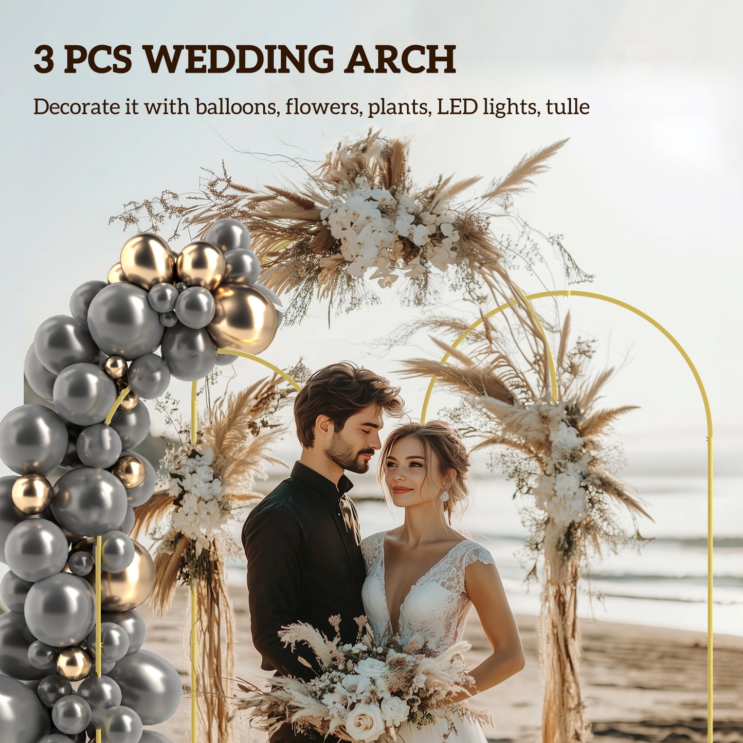 Zestaw ram łukowych Outsunny Wedding Arch, 2,2, 2, 1,8 m Metalowy stojak na łuki, zestaw 3 sztuk, zestaw stojaków na łuki balonowe na przyjęcia urodzinowe, wieczór panieński, ukończenie szkoły, ceremonię, dekoracje bankietowe, złoty odcień