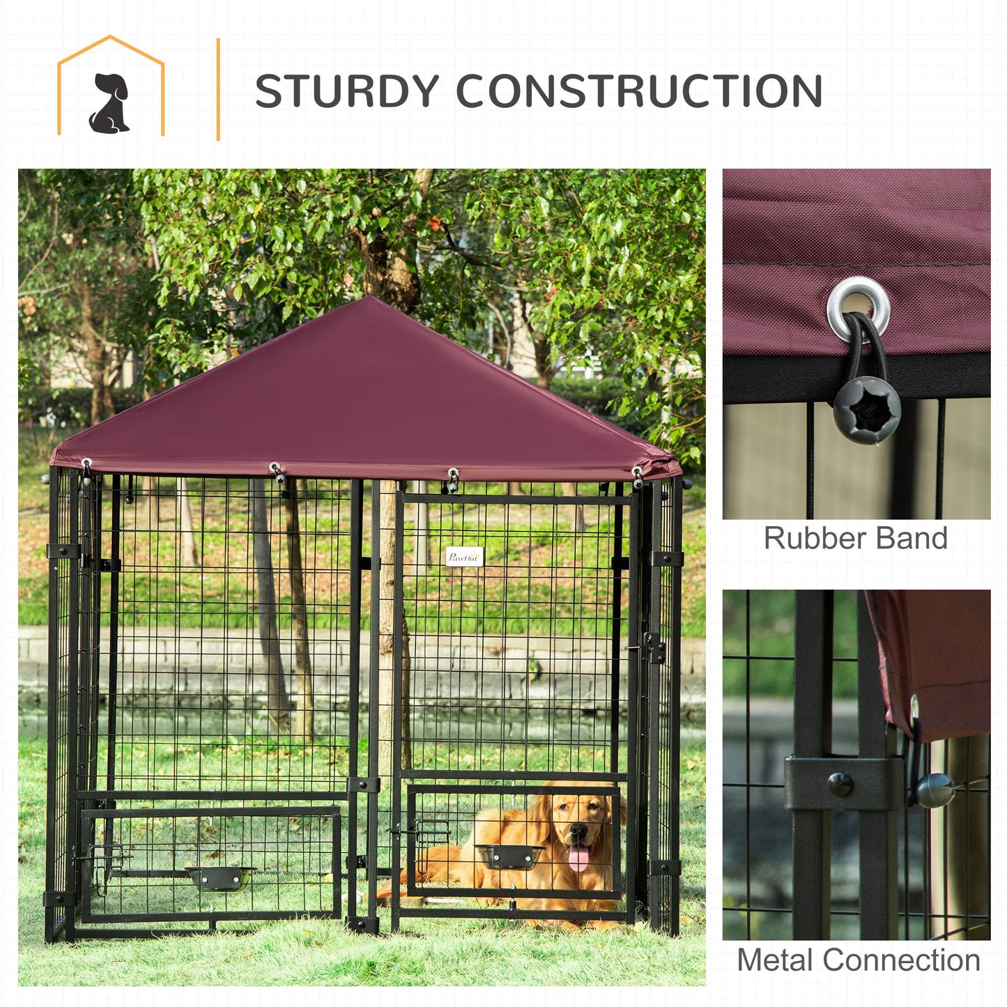 PawHut Outdoor Dog Kennel with Rotating Bowl Holders, Water and UV-Resistant Cover for Medium & Small Dogs, Red