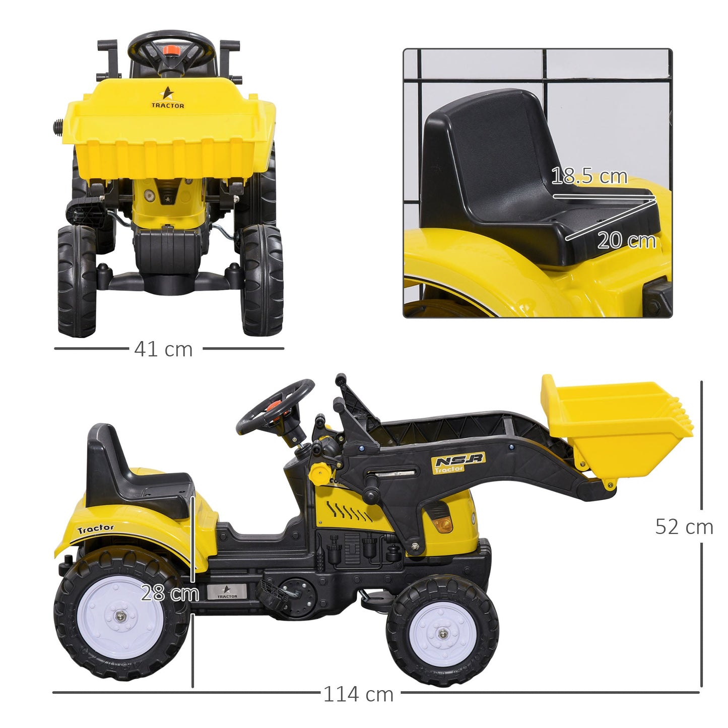 HOMCOM Pedal Go Kart Ride On Excavator z ładowarką czołową Digger Four Wheels Zabawka dla dzieci, dla 3 lat