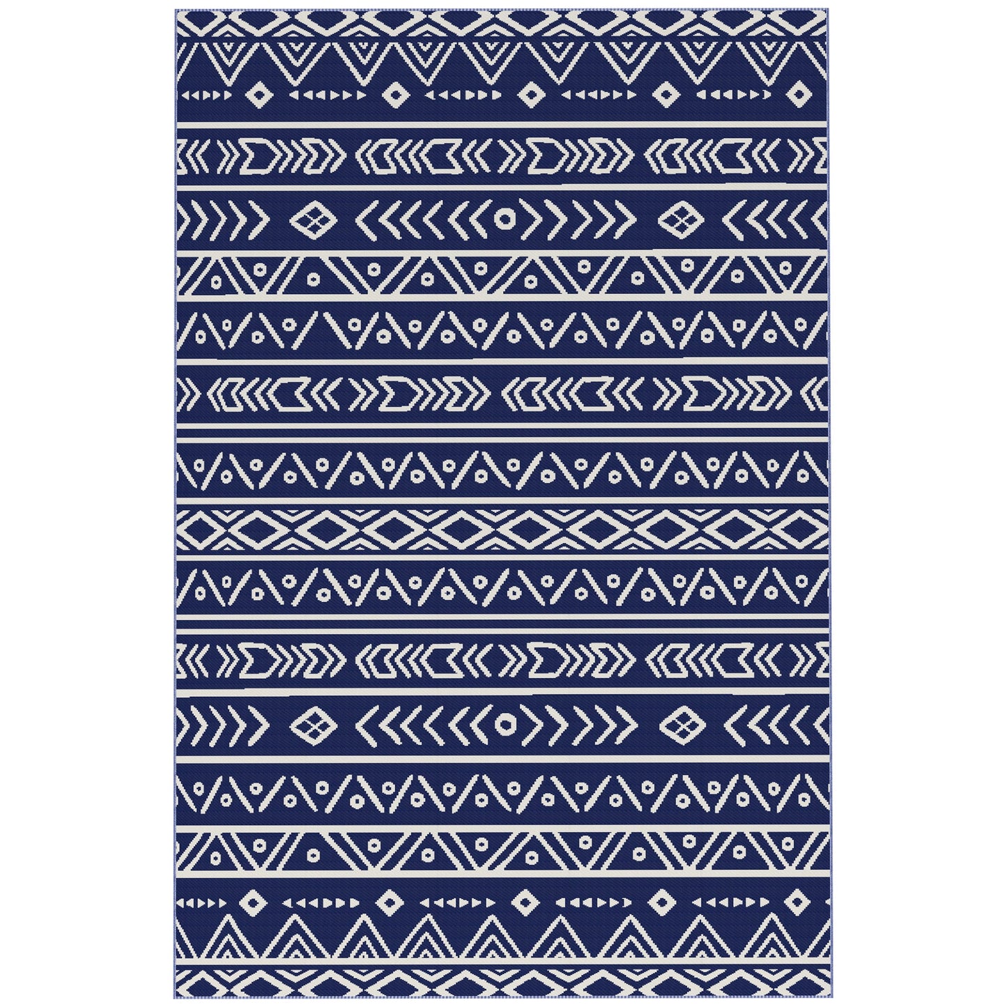Outsunny Reversible Outdoor Rug z torbą transportową, wodoodporna plastikowa mata słomiana do ogrodu, na taras, do kampera, na piknik, na plażę, na kemping, 182 x 274 cm, granatowo-biały
