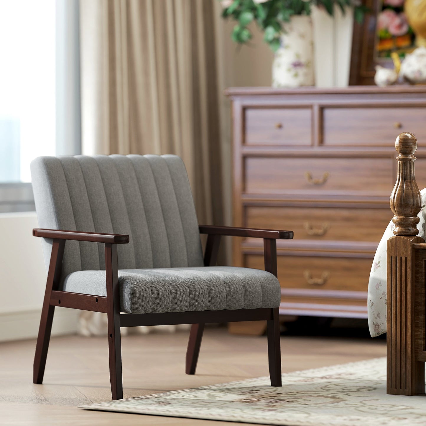 Fotel akcentowy HOMCOM Mid Century z drewnianymi nogami - szary