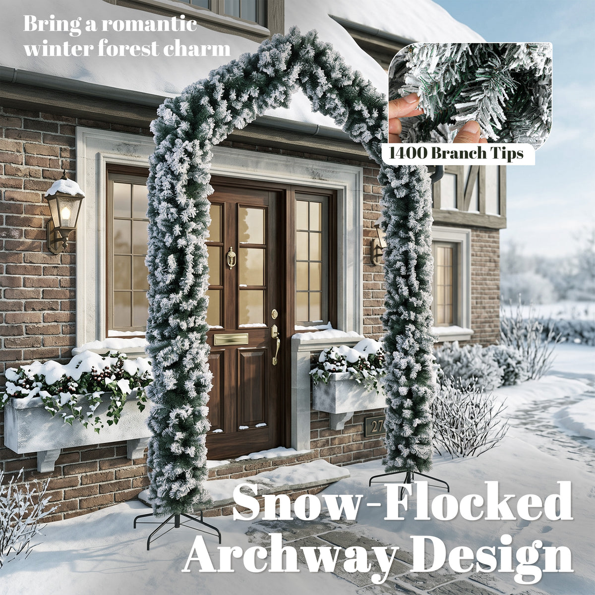 HOMCOM 9ft Flocked Snow Christmas Tree Arch, Christmas Single Arch Doorway Decor with 1400 Branch Tips and Steel Stand, Green