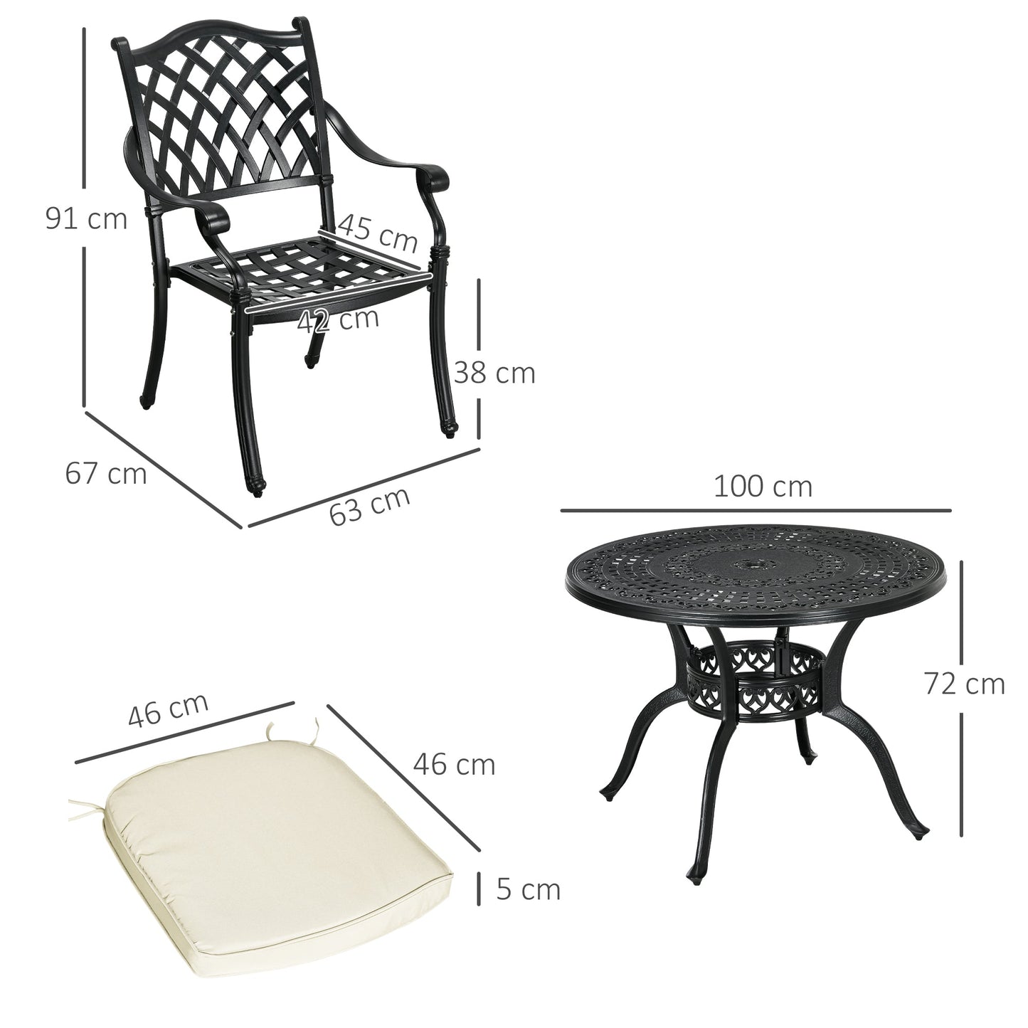Outsunny Odlew aluminiowy 4-osobowy zestaw obiadowy na zewnątrz z poduszkami i otworem na parasol w kolorze czarnym