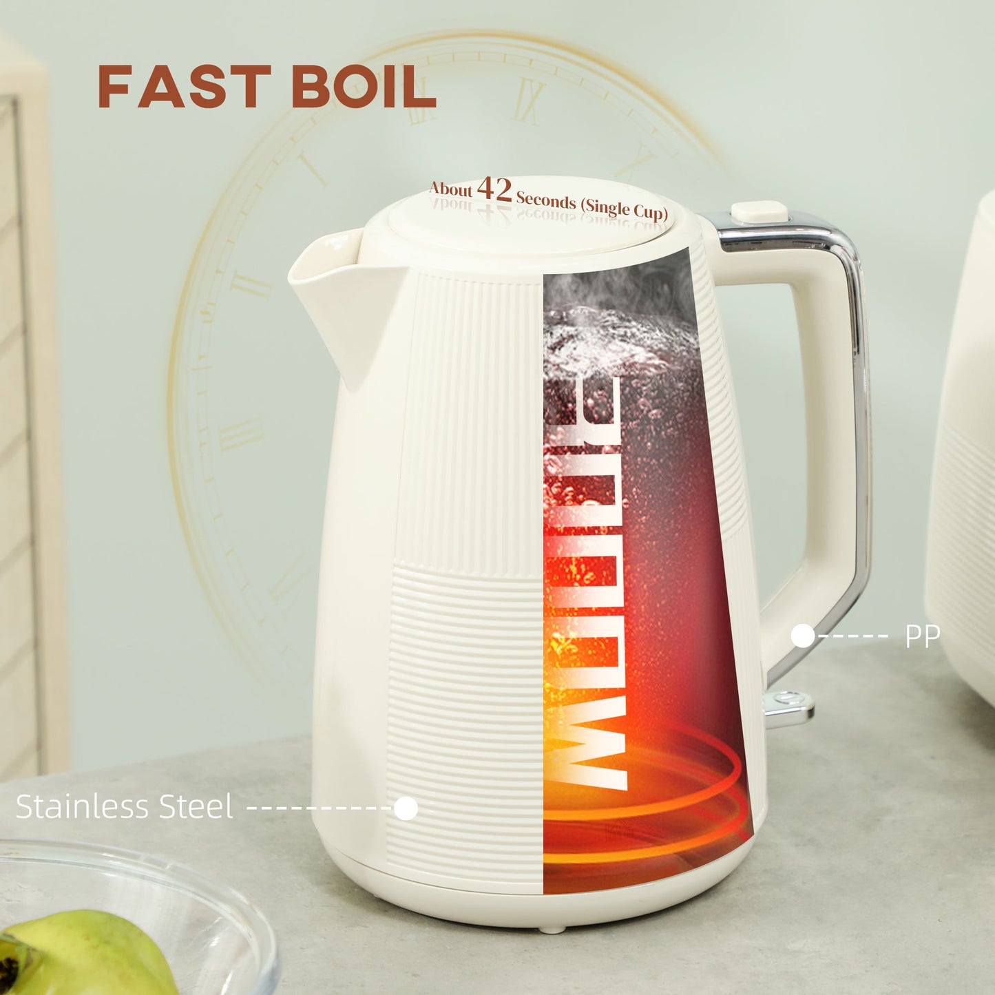 Zestaw HOMCOM z czajnikiem i tosterem, 1,7 l, 3000 W, czajnik z funkcją szybkiego gotowania i tosterem na 2 kromki, 7-stopniową regulacją opiekania, rozmrażaniem, podgrzewaniem, zabezpieczeniem przed gotowaniem na sucho, kremowo-biały