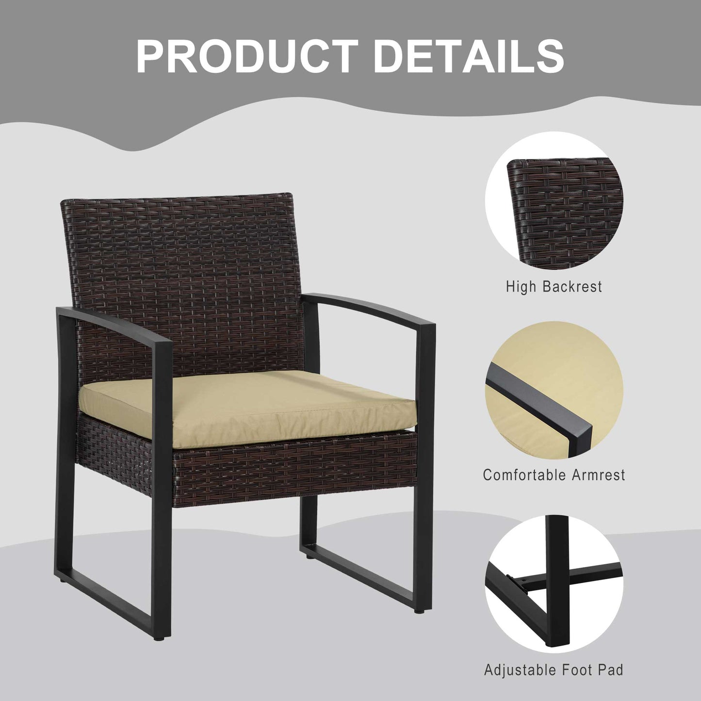 Outsunny 3 szt. PE Rattan Wiklina Meble ogrodowe Patio Bistro Zestaw Weave Conservatory Sofa Stolik kawowy i krzesła Zestaw beżowy
