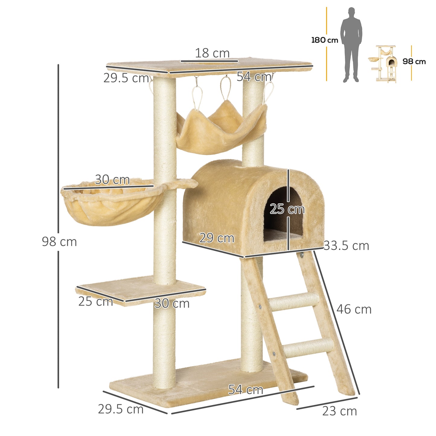 PawHut Cat Tree Tower dla kotów domowych Kitten Activity Centre Drapak z drabinką w kształcie hamaka - beżowy