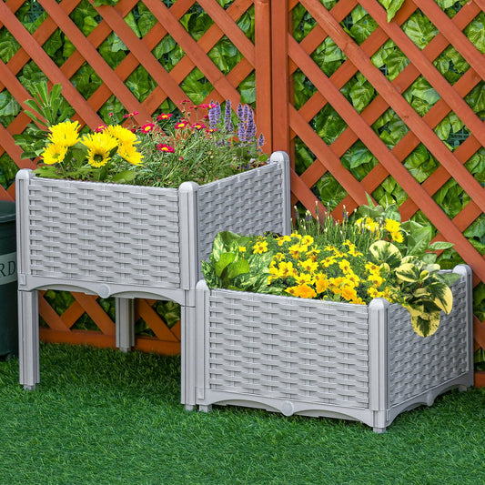 Outsunny Set of Two Rattan-Effect Planters - Grey