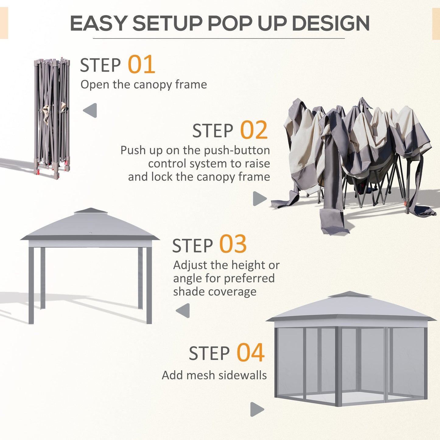 Outsunny 330cm x 330cm Pop Up Canopy, Double Roof Foldable Canopy Tent with Zipped Mesh Sidewalls, Height Adjustable and Carrying Bag, Event Tent for Patio Garden, Grey