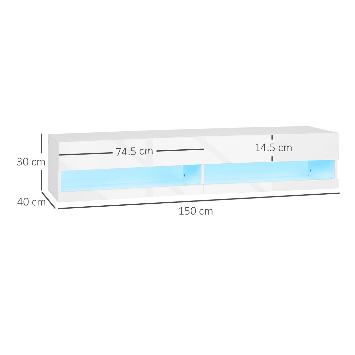 HOMCOM Wisząca szafka pod telewizor, montowana na ścianie szafka pod telewizor do 65", wysoki połysk, szafka ścienna pod telewizor z oświetleniem LED, półki do przechowywania w salonie i pokoju rozrywkowym, biała