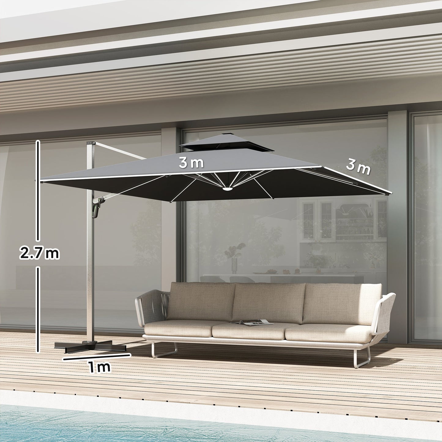 Outsunny 3(m) Parasol ogrodowy z wysięgnikiem i lampami LED zasilanymi energią słoneczną, podstawa krzyżowa, obrót 360√Ǭ∞, korba i pochylenie, szary