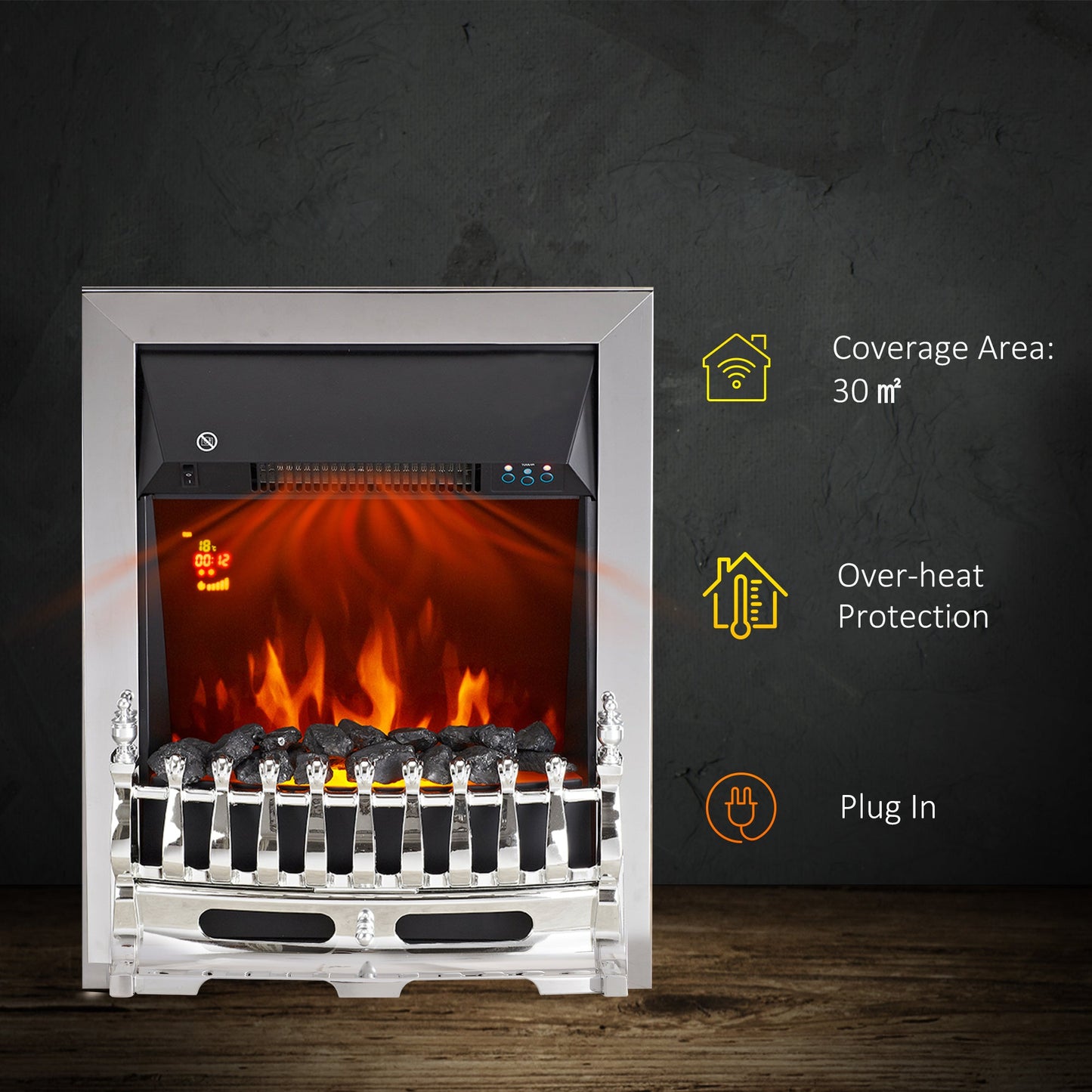 HOMCOM Contemporary Electric Fireplace Coal Burning Flame Effect Inset Fire Place Space Heater Glass View LED Lighting with Remote Control, 1000W/2000W