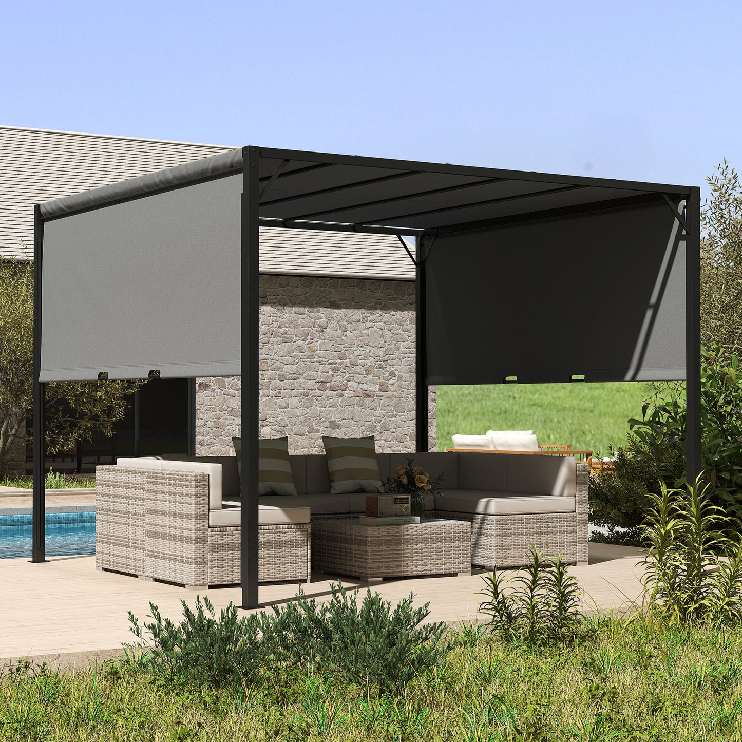 Outsunny 3 X 3 metry pergola z rozsuwanym dachem, altana ogrodowa z regulowanym daszkiem przeciwsłonecznym i stalową ramą, antracyt