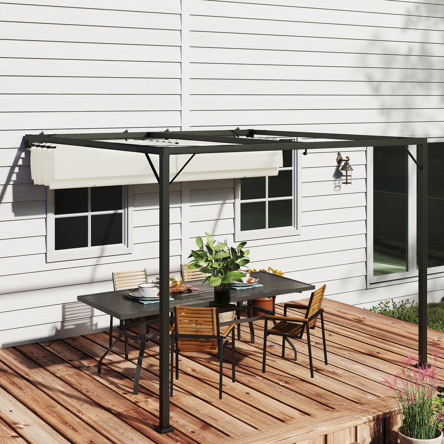 Outsunny 3 x 3(m) Pergola zewnętrzna z chowanym daszkiem - kremowo-biała