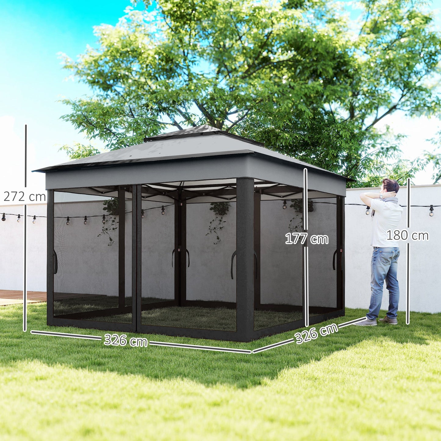 Outsunny 3 x 3(m) Pop Up Altana, Regulowana wysokość Natychmiastowe schronienie na imprezy z siatką i torbą transportową, Szary