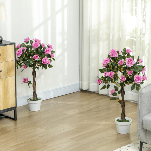 Outsunny Set of 2 Artificial Plants White Rose Floral in Pot, Fake Plants for Home Indoor Decor, 90cm, Purple