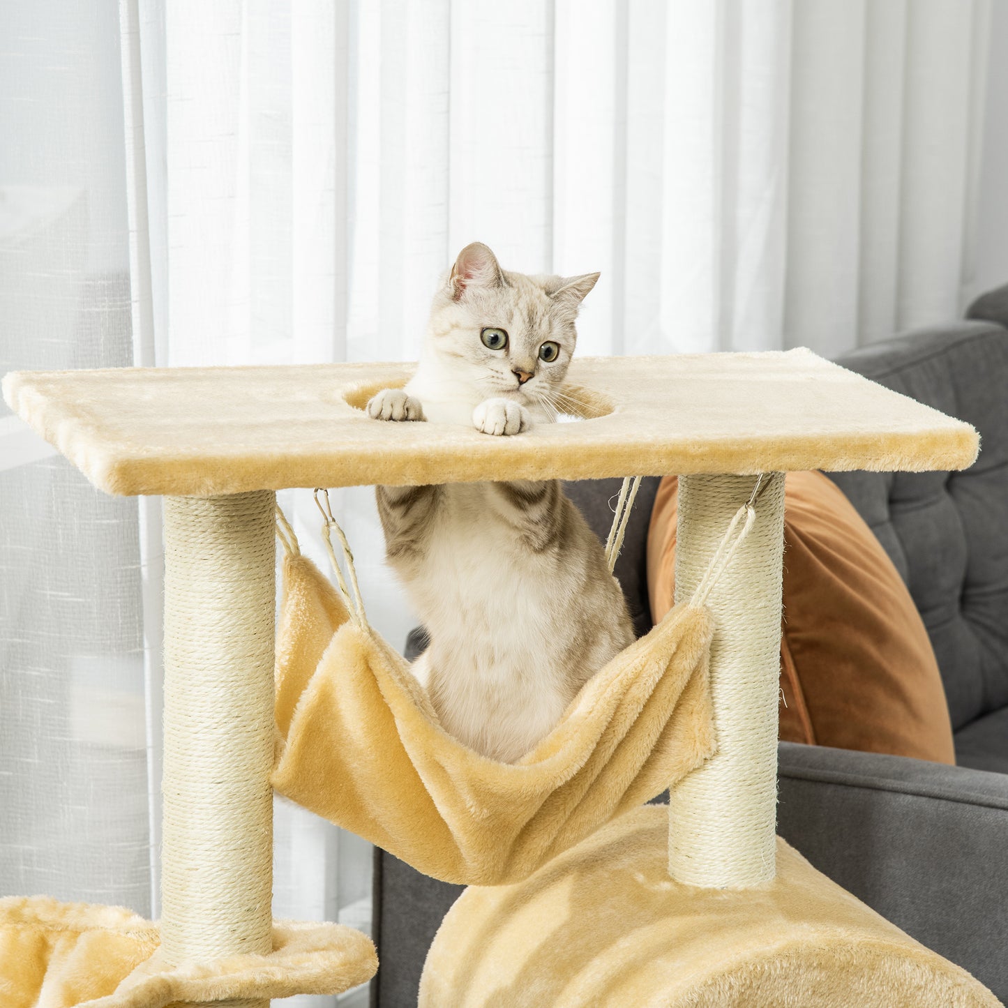 PawHut Cat Tree Tower dla kotów domowych Kitten Activity Centre Drapak z drabinką w kształcie hamaka - beżowy