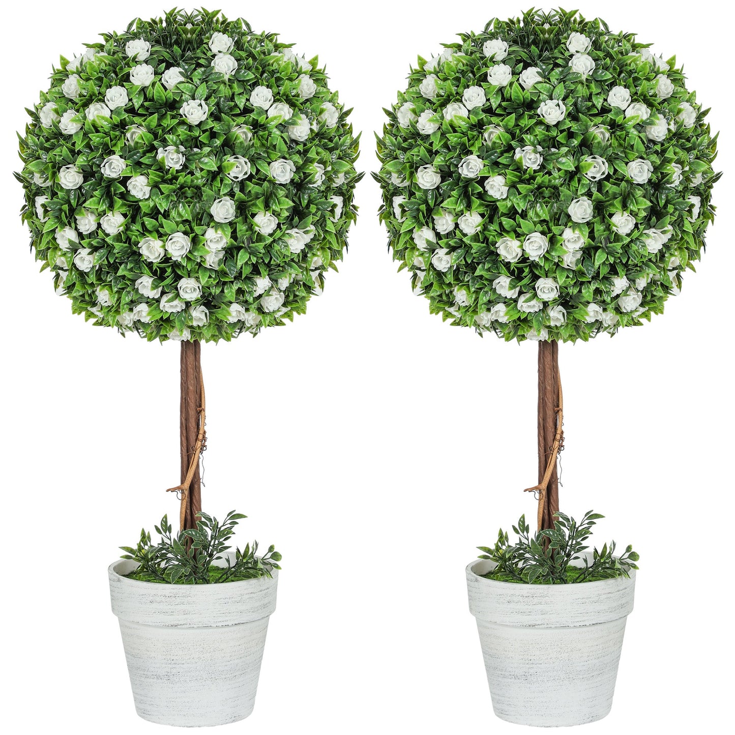 HOMCOM Zestaw 2 dekoracyjnych sztucznych roślin, drzewo topiary z kwiatem róży w doniczce, sztuczne rośliny do dekoracji wnętrz i na zewnątrz, 60 cm, biały