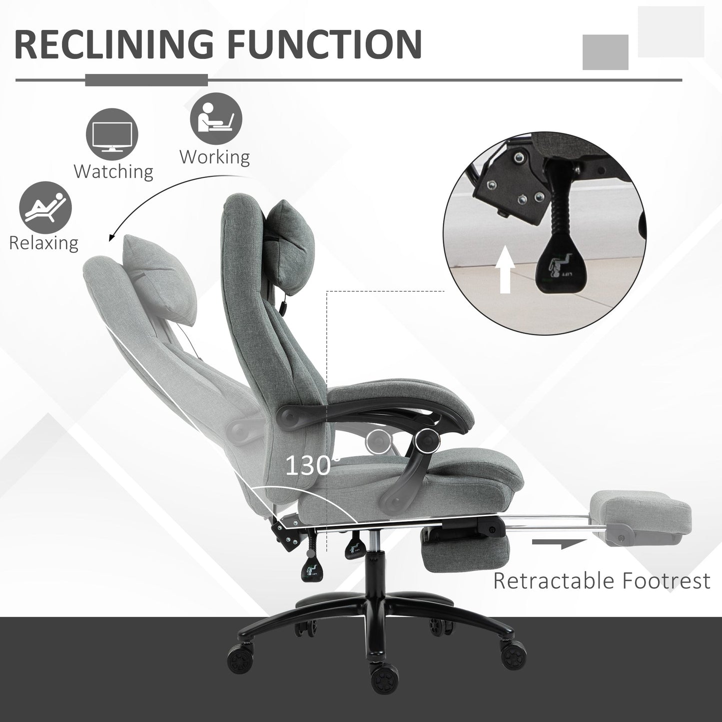 Vinsetto Office Chair, Fabric Desk Chair with Adjustable Massage Pillow, USB Power and Retractable Footrest, High Back, 360 Swivel, for Home, Grey