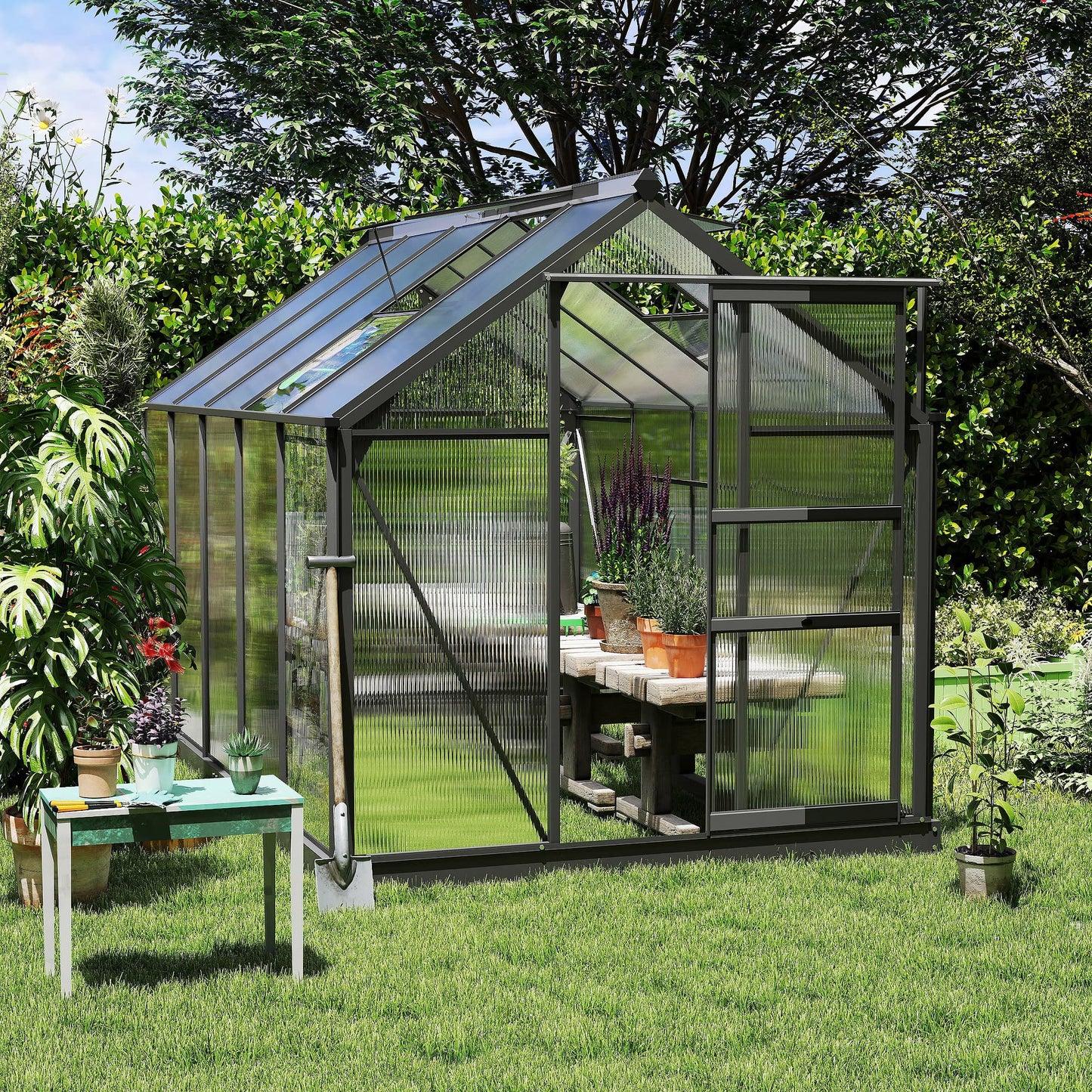 Outsunny 6 x 10ft Poliwęglanowa szklarnia, duża szklarnia z drzwiami przesuwnymi i oknem, domek do uprawy roślin ogrodowych z aluminiową ramą i fundamentem, szara
