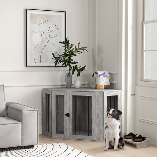 PawHut Dog Crate Furniture Side Table, with Cushion, 122 x 61 x 71cm - Grey
