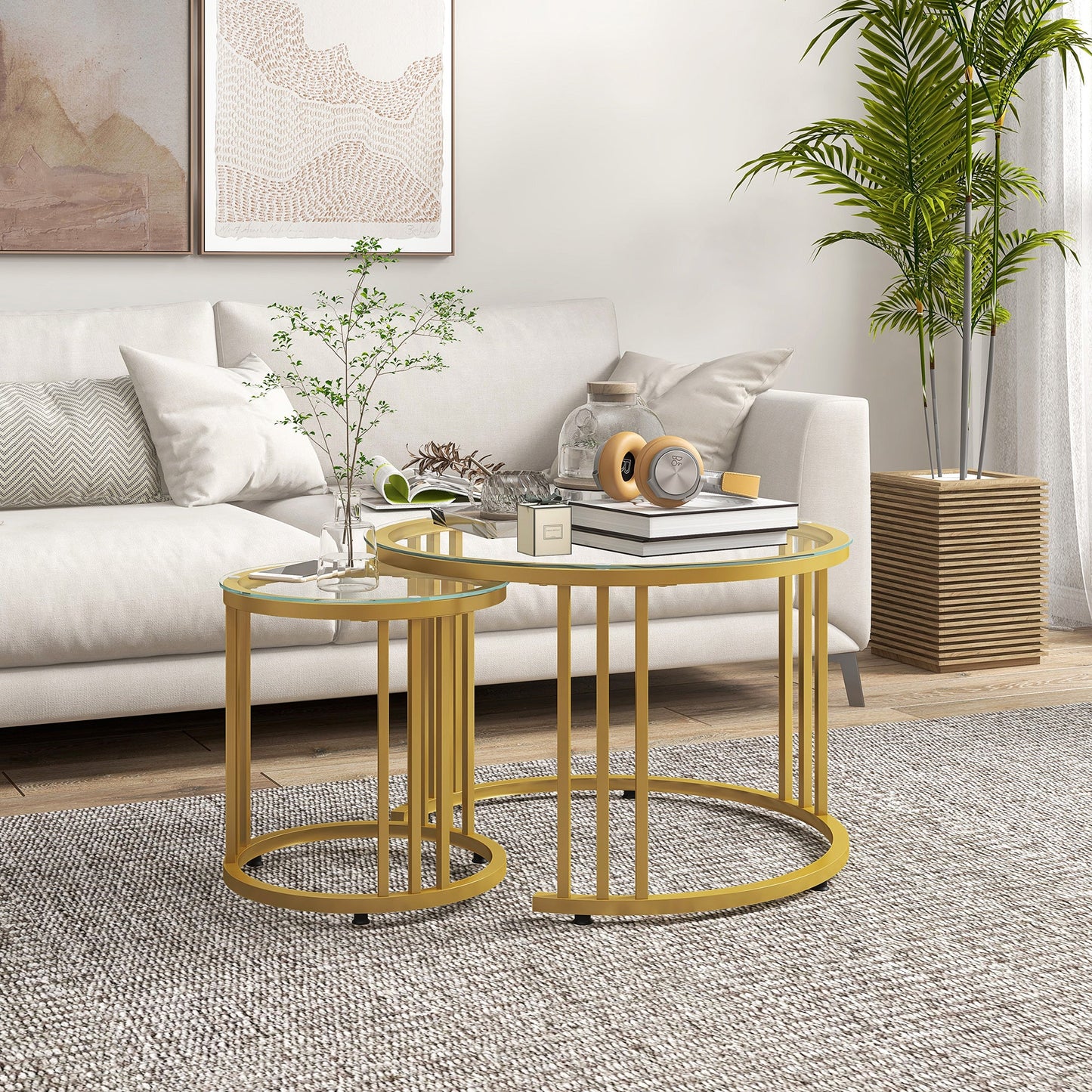 Zestaw 2 okrągłych stolików kawowych HOMCOM, stoliki wsuwane z blatem ze szkła hartowanego i stalową ramą, 60 cm x 60 cm x 47 cm, odcień złota