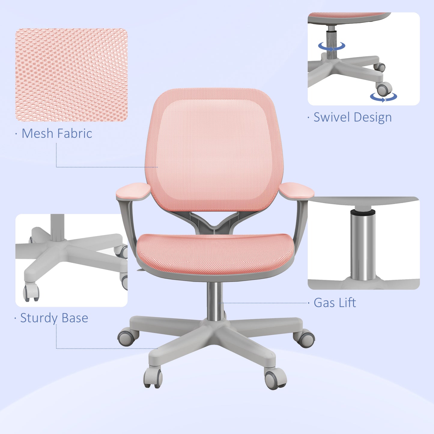 Vinsetto Office Chair, Breathable Mesh Swivel Desk Chair with Adjustable Height and 360 Degree Swivel Security Wheels for Home Office, Study, Pink