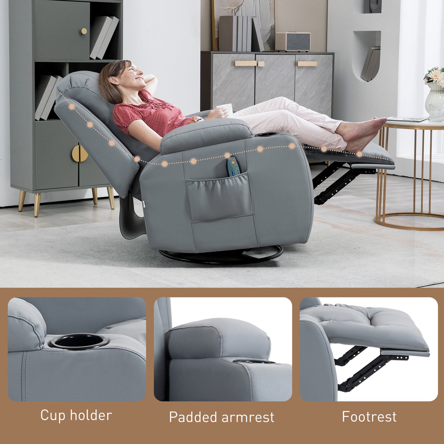 HOMCOM Massage Recliner Chair with 8 Vibration & Heat, PU Leather Recliner Armchair with Cup Holders and Side Pockets, Manual Reclining Chair with Remote, 360° Swivel, Rocking, Light Grey