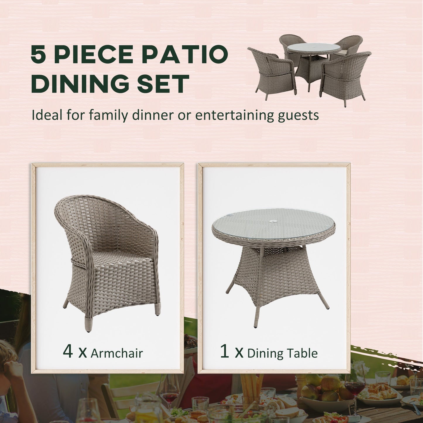 Zestaw mebli ogrodowych Outsunny 4 Seater Rattan z poduszkami, okrągły zestaw jadalny PE Rattan ze szklanym blatem, otworem na parasol, stół ogrodowy i krzesła, mieszany szary