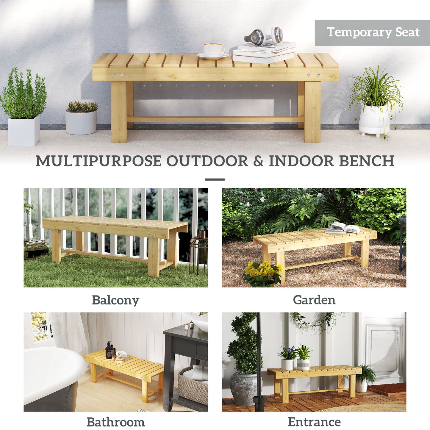 Outsunny 1-częściowa 2-osobowa ławka ogrodowa do użytku na zewnątrz i wewnątrz, drewniana, jodła, patio, 110 dł. x 38 szer. x 35 wys. cm, naturalna
