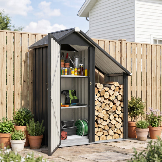 Outsunny 2 in 1 Galvanised Steel Firewood Shed in Dark Grey, image 2