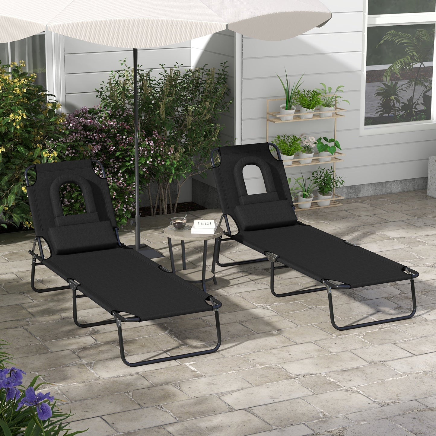 Outsunny Outdoor Folding Sun Lounger Set of 2 with Face Hole, 4 Level Adjustable Backrest Reclining Garden Lounger, Garden Recliner Sunbed with 600 D Oxford Cloth Seat and Pillow for Beach, Black