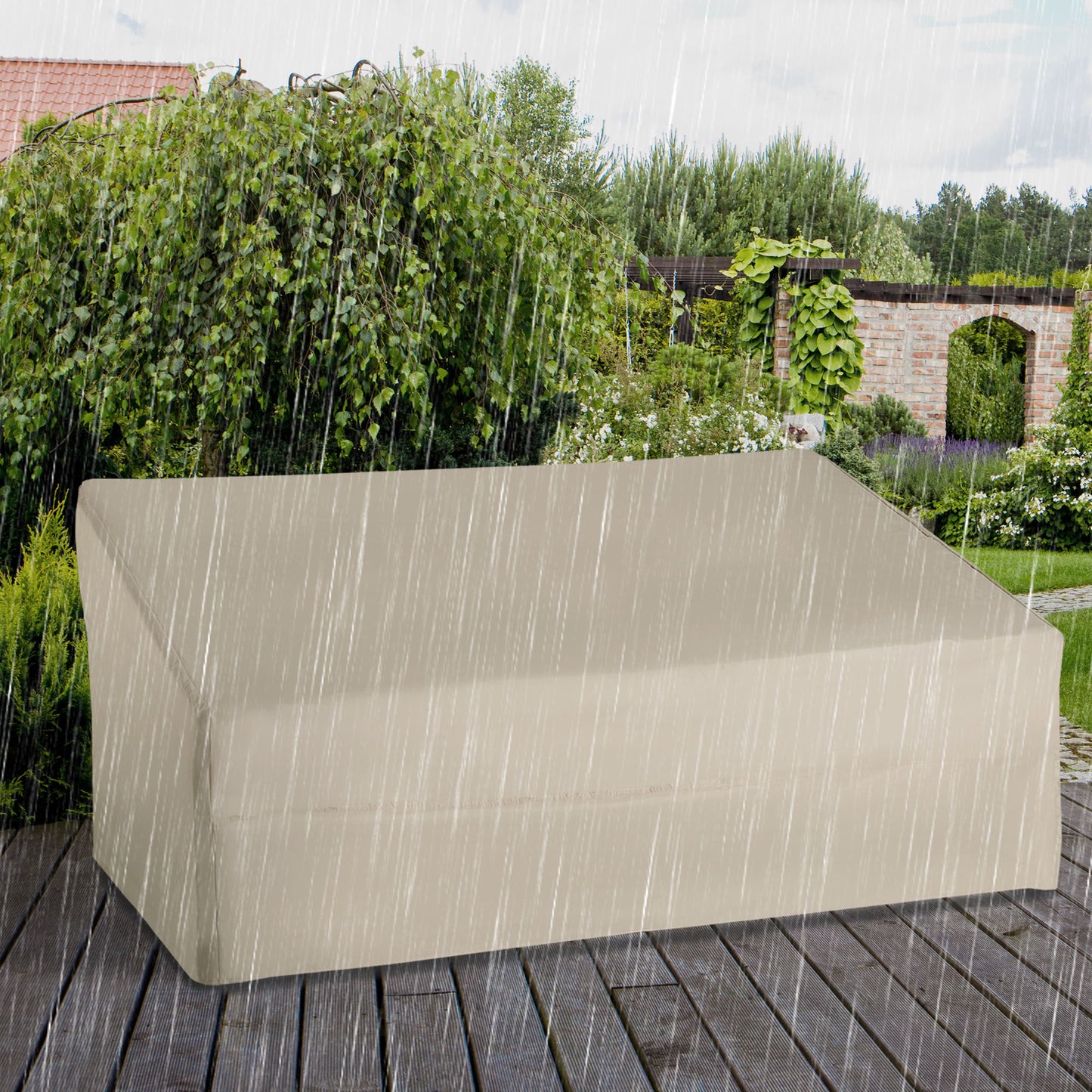 Pokrowiec na meble ogrodowe Outsunny 600D Oxford Cloth, wodoodporny, na sofę 3-osobową, na patio, do użytku na zewnątrz, beżowy, 218 x 111 x 63-101 cm