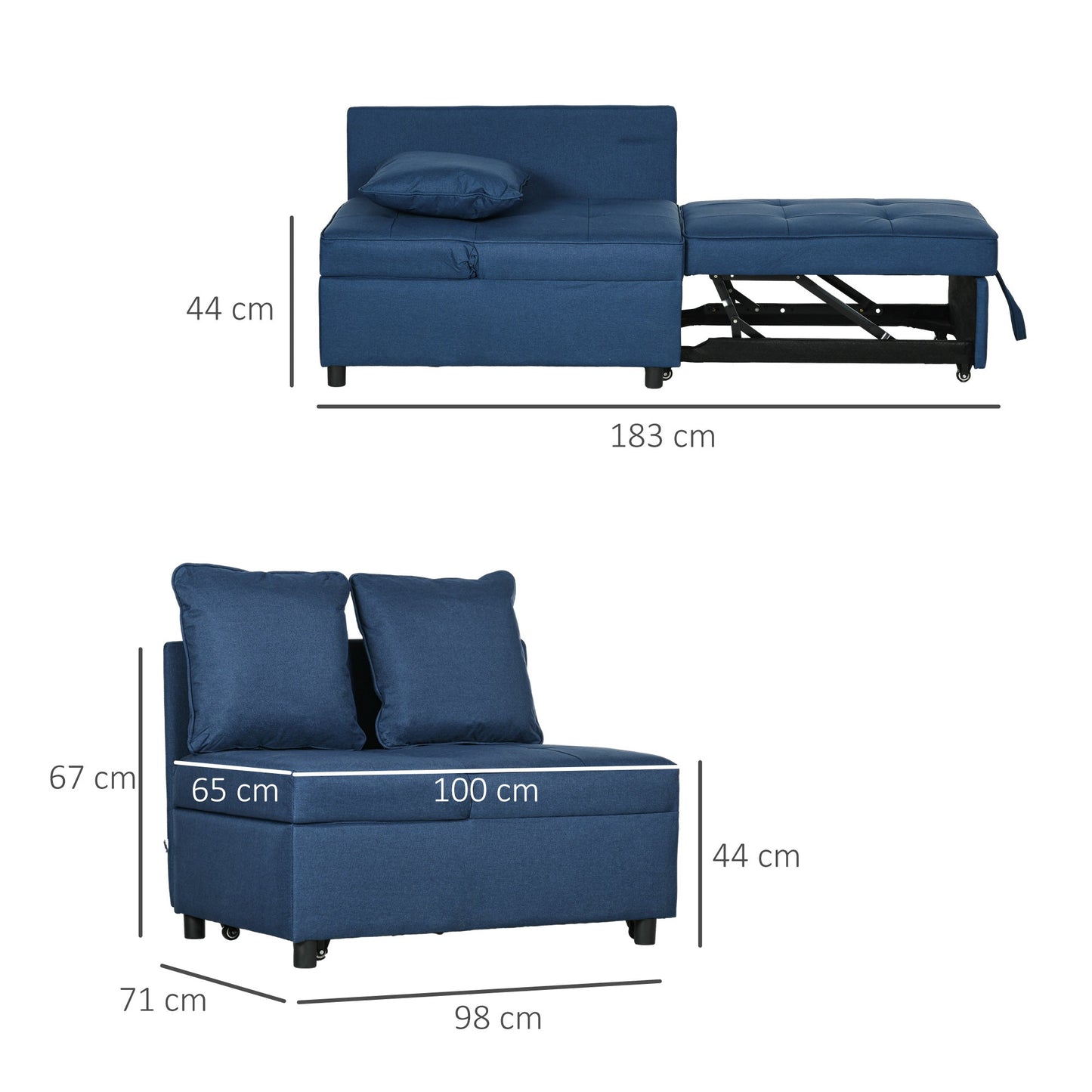 HOMCOM Sofa rozkładana pojedyncza z grubym, wyściełanym siedziskiem, 3 w 1 wielofunkcyjny fotel rozkładany z kieszenią na czasopisma, do salonu, niebieski