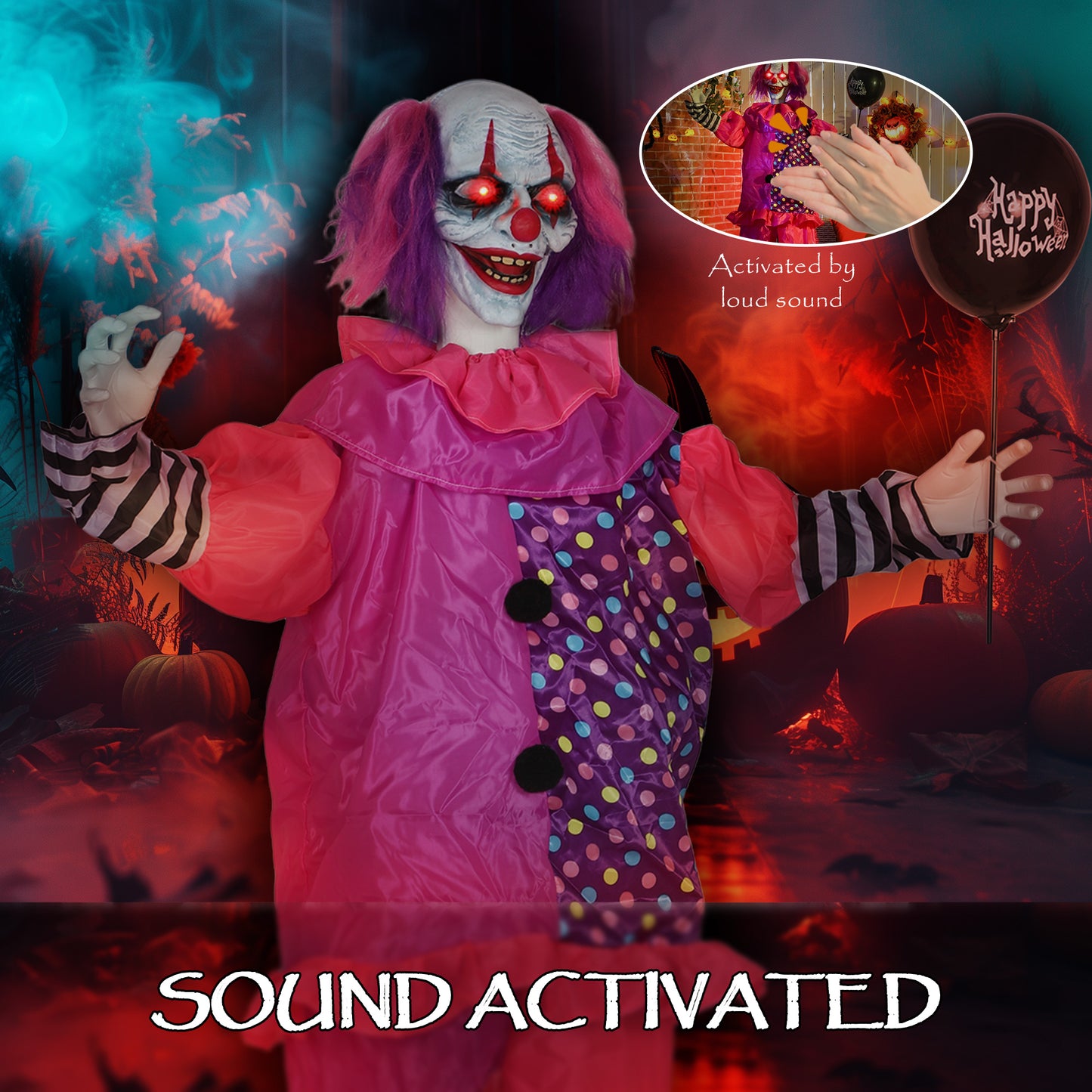 Outsunny 5â²7â³ Scary Animated Clown Decoration - Pink/Purple