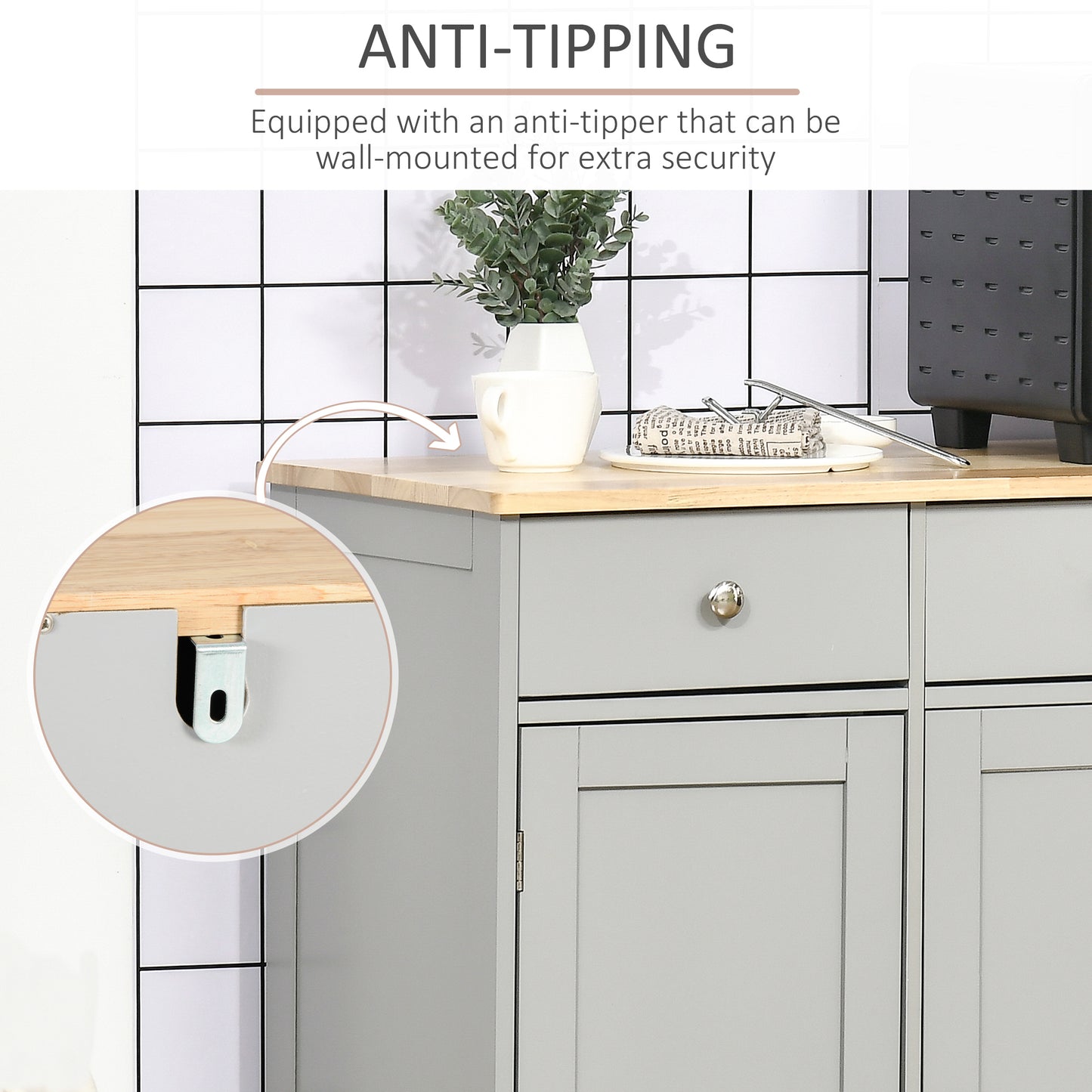 HOMCOM Sideboard with Rubberwood Top and Adjustable Shelves for Dining Room, Kitchen - Grey