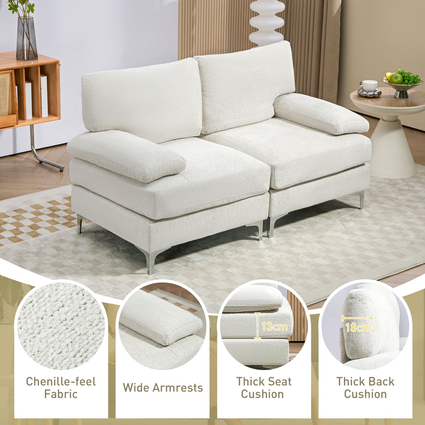 Sofa dwuosobowa HOMCOM, nowoczesna dwuosobowa sofa z materiału z poduszką sprężynową i metalowymi nogami, mała kanapa do salonu, sypialni, domowego biura, recepcji, kremowa biel