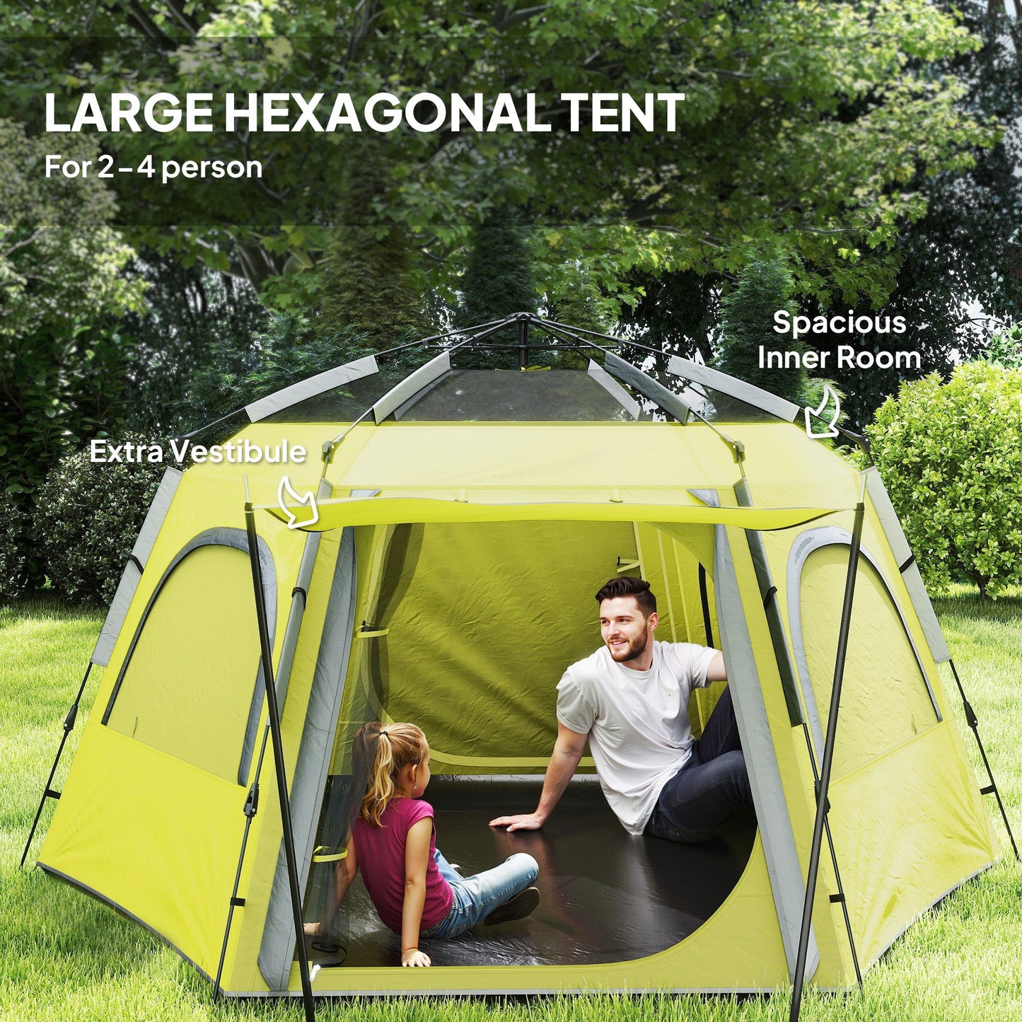 Outsunny Instant Pop Up Camping Tent, 2/3/4 osobowy łatwy w rozkładaniu namiot rodzinny z przedsionkiem, tropikiem, 4 oknami z siatki i 2 drzwiami, sześciokątny design, wodoodporny i z ochroną UV, żółto-zielony