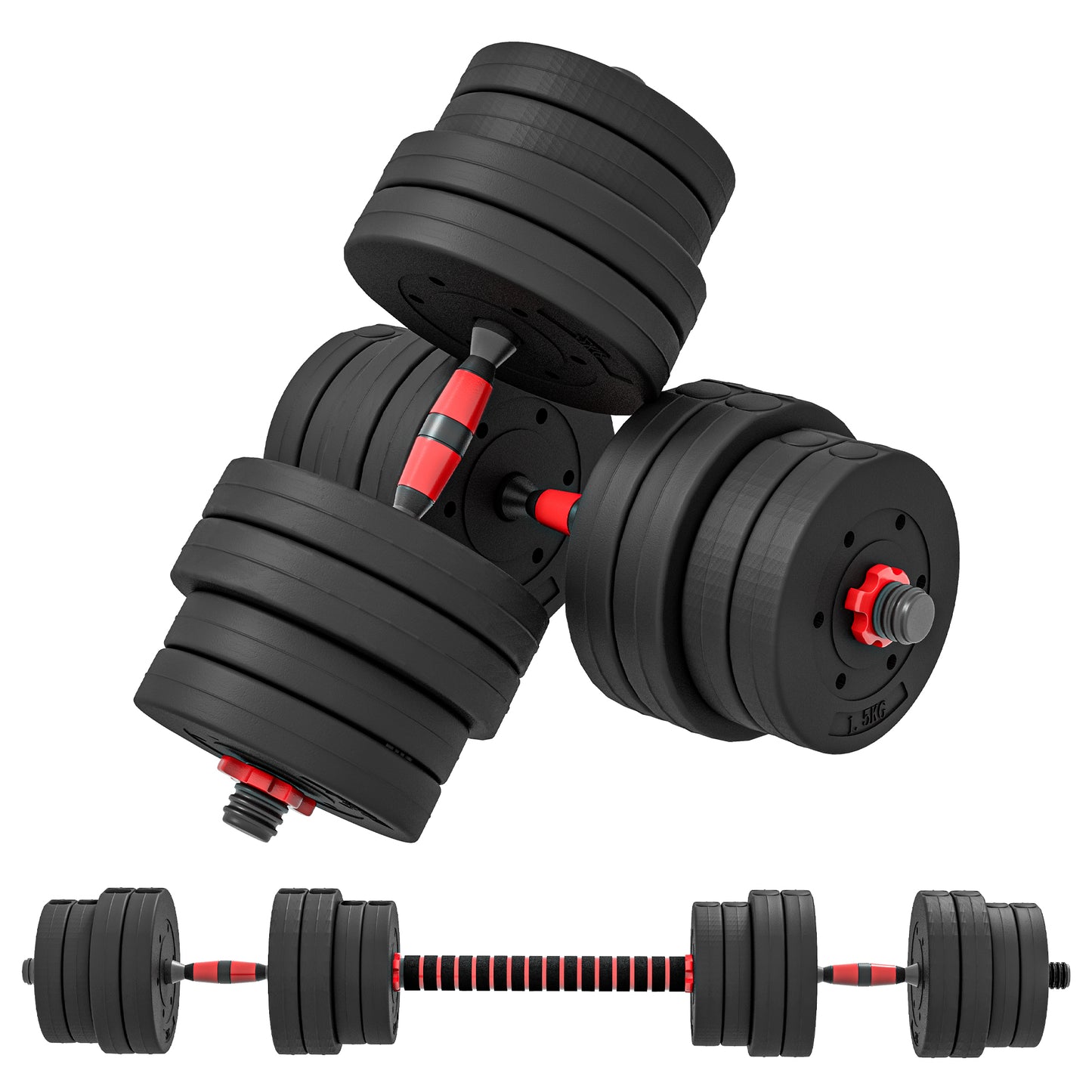 HOMCOM 30kg 2 W 1 Regulowany Zestaw Hantel, Hantle Ręczne Sztanga do Fitnessu Ciała, Trening Podnoszenia dla Domu, Biura, Siłowni, Czarny