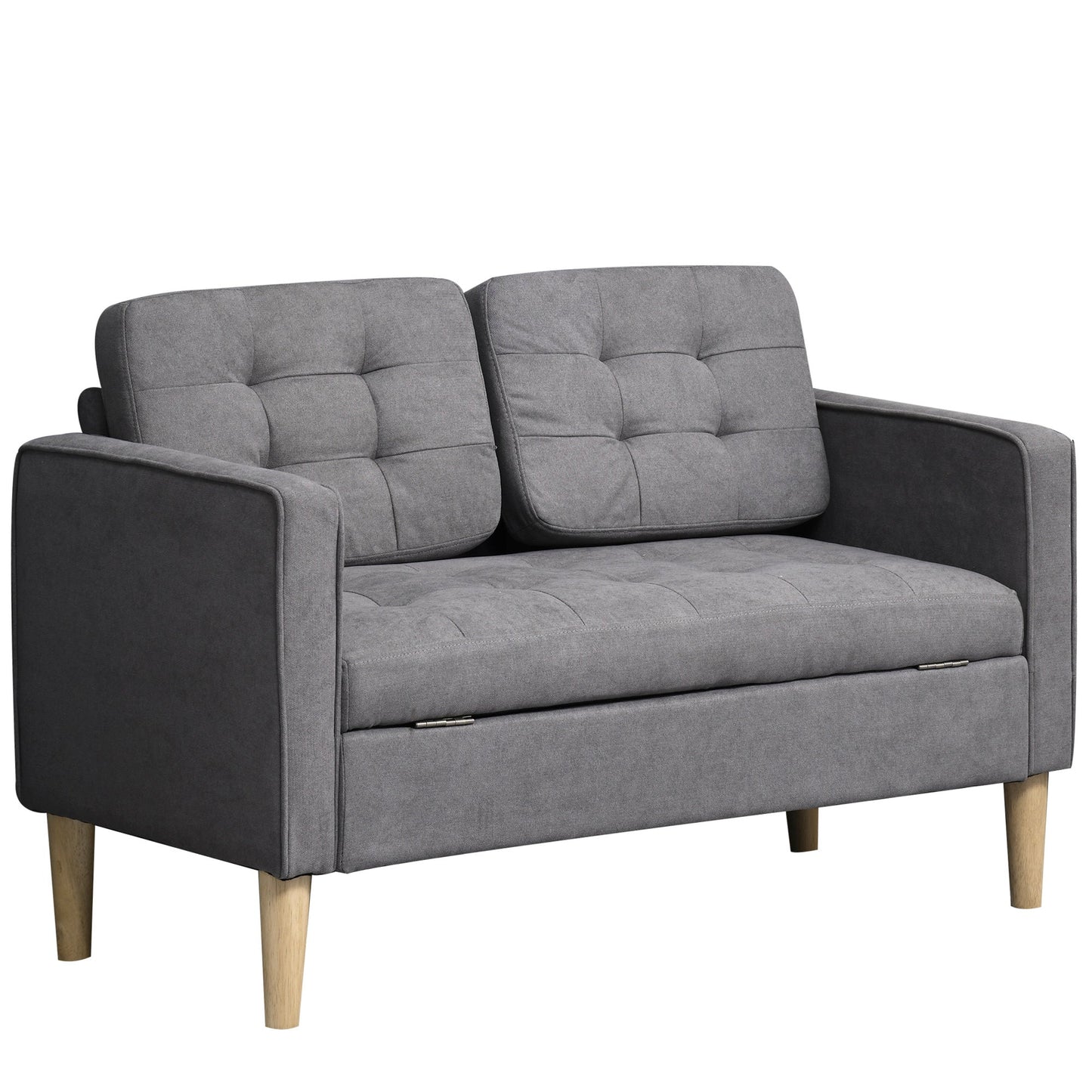 HOMCOM Nowoczesna 2-osobowa sofa z ukrytym schowkiem, 117 cm pikowana bawełniana kanapa z drewnianymi nogami, kompaktowa sofa dwuosobowa do salonu, kuchni, szara